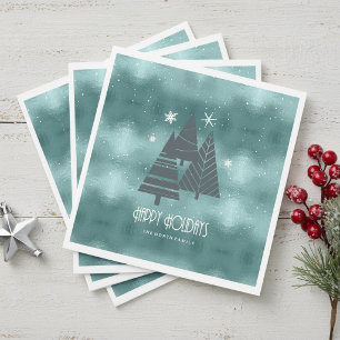 Serviette En Papier Sapins de Noël et Flocons de Neige Teal ID863
