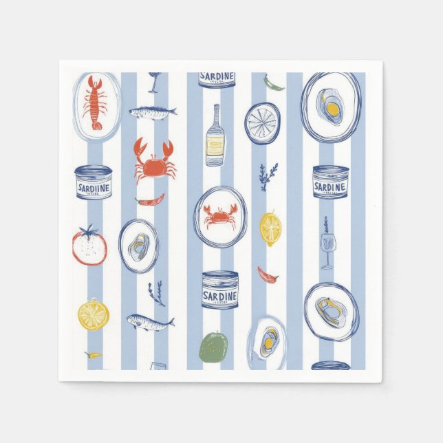 Serviette En Papier Sardine de fruits de mer méditerranéens motif rayu (Devant)