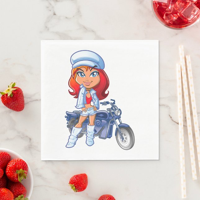Serviette En Papier Sassy Biker Girl avec cheveux rouges et moto (Créateur téléchargé)