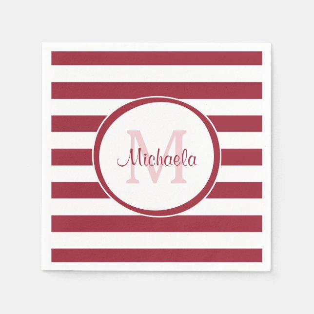 Serviette En Papier Sassy Deep Red Même Stripes avec nom et monogramme (Devant)