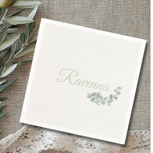 Serviette En Papier Sauge Eucalyptus en Ivoire Élégant Nom Personnalis