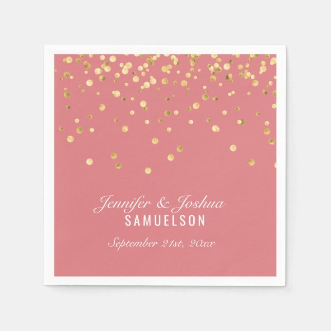Serviette En Papier Saumon ROSE personnalisé Gold Confetti Mariage (Devant)