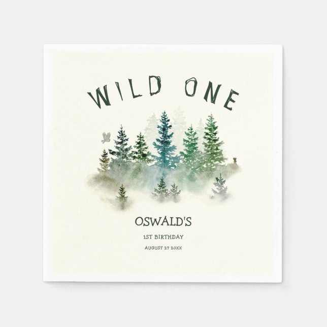 Serviette En Papier Sauvage Un 1er Anniversaire Bois Aquarelle (Devant)