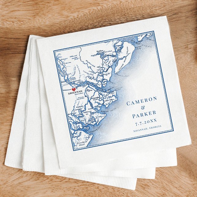 Serviette En Papier Savannah Georgia Carte Elégant Mariage de la Marin (Elegant Savannah Georgia Custom Wedding napkins with personalized navy blue map)