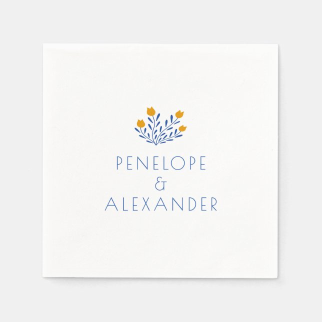 Serviette En Papier Scandi Fleurs folkloriques Bleu Jaune Mariage pers (Devant)