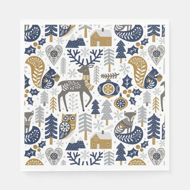 Serviette En Papier Scandinavie Woodland Animaux Snowflakes Noël (Devant)