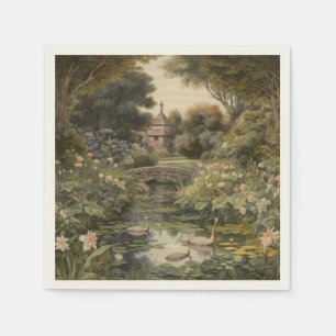 Serviette En Papier Scène botanique de cygnes dans un jardin anglais