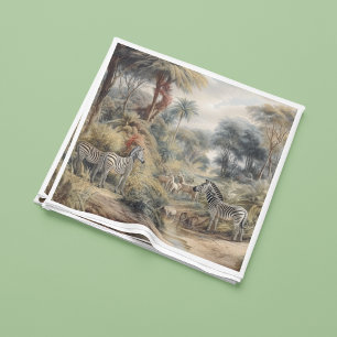 Serviette En Papier Scène botanique de zèbres et lions dans une oasis