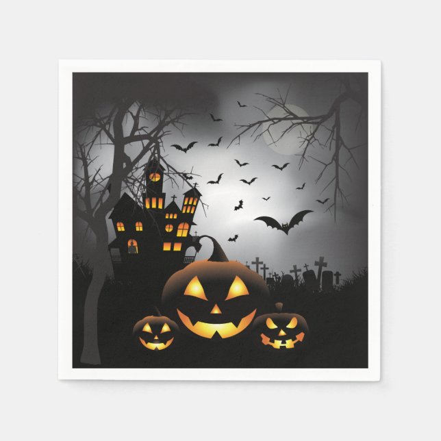 Serviette En Papier Scène de cimetière d'Halloween Maison hantée citro (Devant)