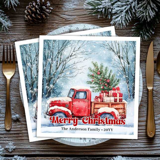 Serviette En Papier Scène de Noël de camion rouge classique serviettes (Classic red truck Christmas scene rustic napkins set)