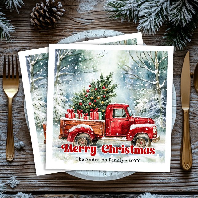 Serviette En Papier Scène de Noël de camion rouge moderne nappe rustiq (Modern red truck Christmas scene rustic napkins set)