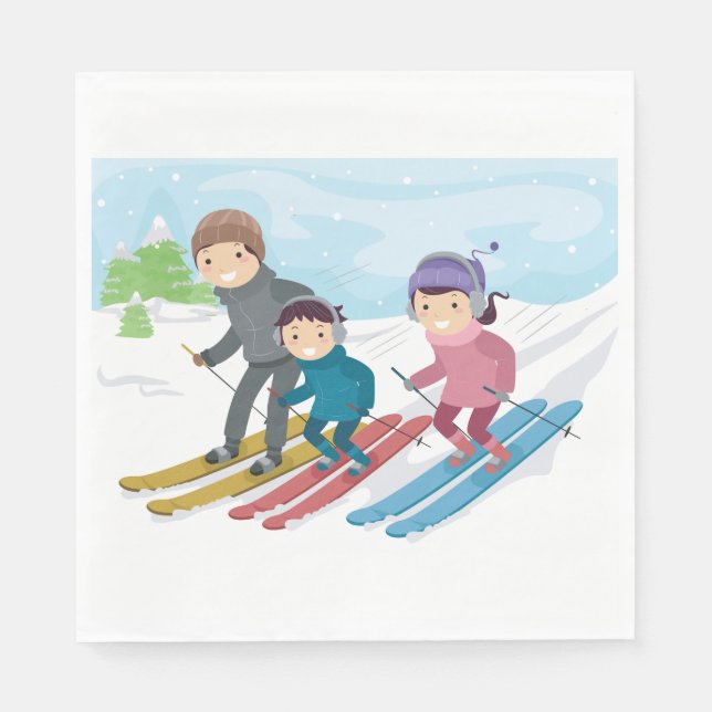 Serviette En Papier Scène de ski en famille hiver neige (Devant)