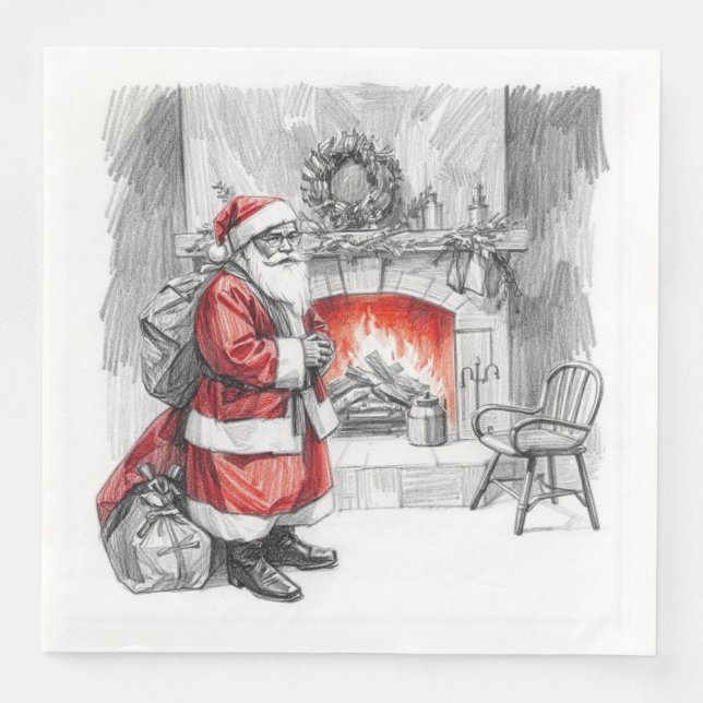 Serviette En Papier Schéma de Père Noël devant la cheminée (Devant)