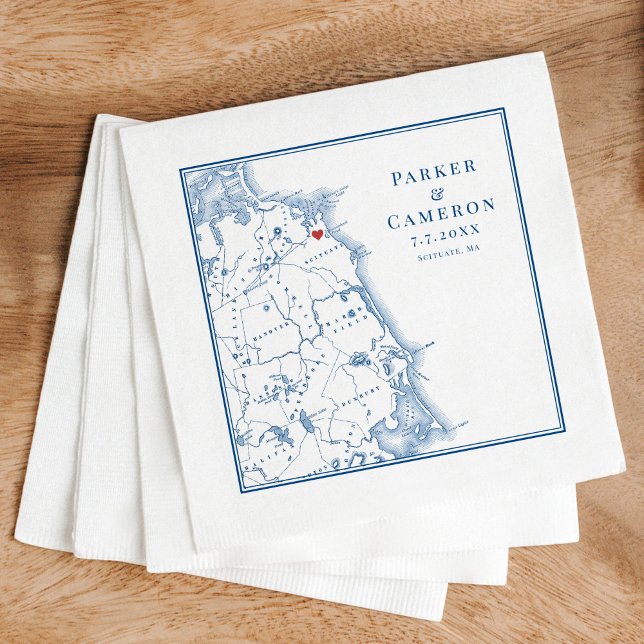 Serviette En Papier Scituate Massachusetts Carte Mariage élégant (These Scituate Massachusetts map napkins are perfect for a South Shore destination wedding)
