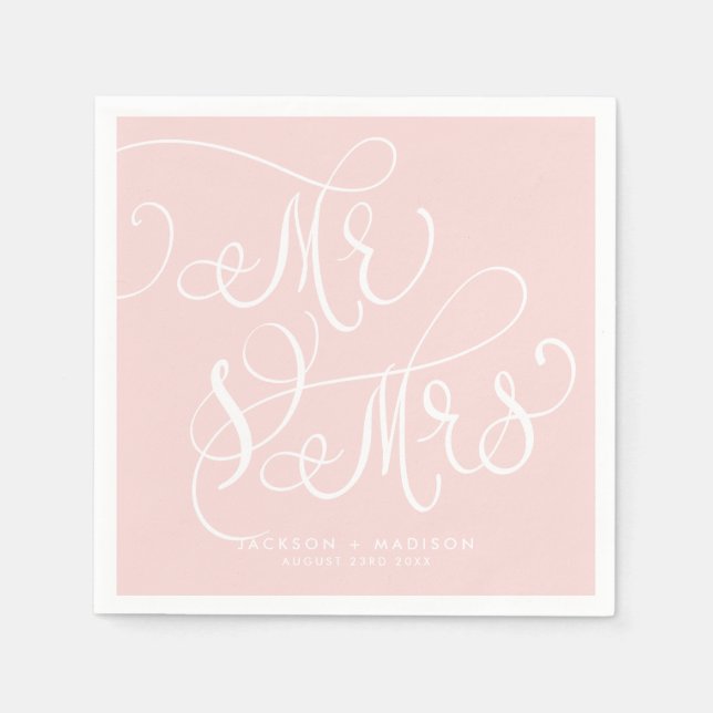Serviette En Papier Script blanc rose | M. et Mme Mariage (Devant)
