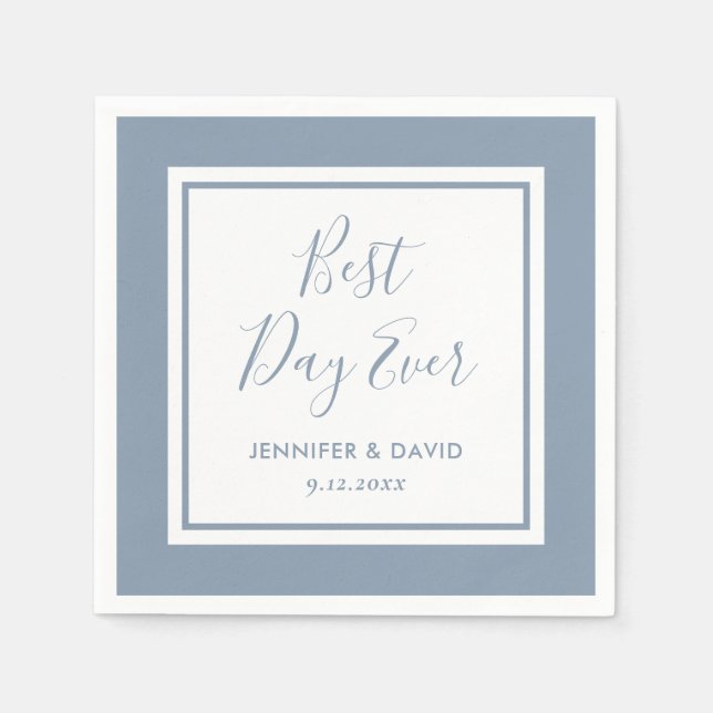 Serviette En Papier Script bleu Dusty moderne Best Day Ever Mariage (Devant)