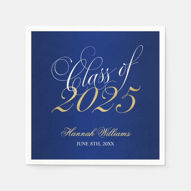 Serviette En Papier Script Blue Gold Classe de 2025 Graduation (Devant)