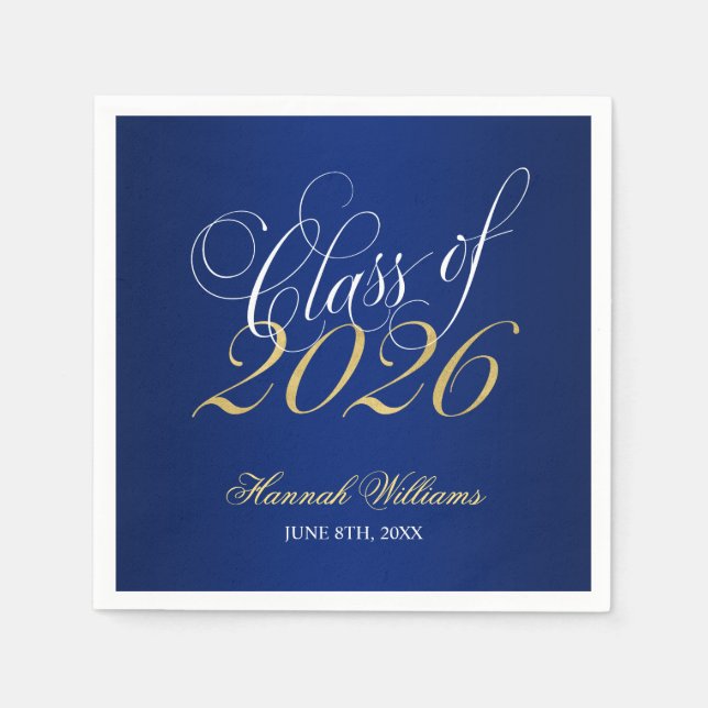 Serviette En Papier Script Blue Gold Classe de 2025 Graduation (Devant)