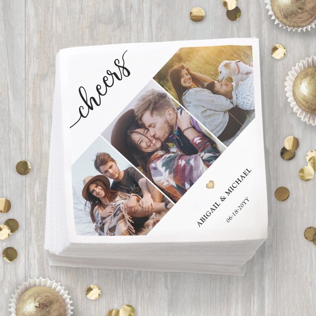 Serviette En Papier Script Chefs 3 Photo Collage & Gold Heart Mariage (Créateur téléchargé)