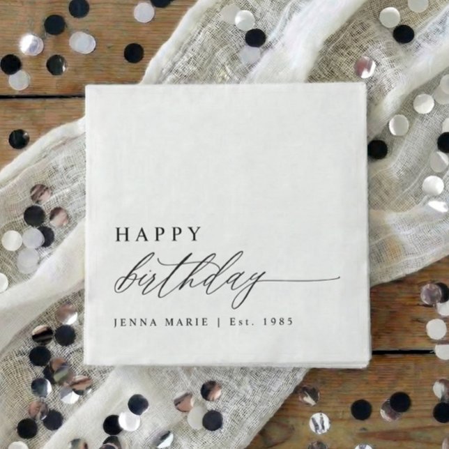 Serviette En Papier Script de Joyeux Anniversaire Élégant Moderne Simp (Black and white personalized happy birthday script party napkins)