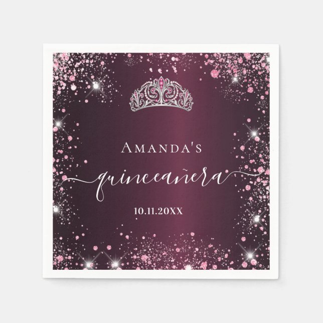 Serviette En Papier Script de nom de tiara rose quinceanera (Devant)