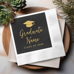 Serviette En Papier Script Grad Name avec Casquette - Graduation Black
