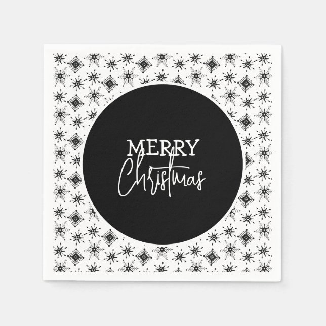 Serviette En Papier Script Joyeux Noël Flocons de neige noirs    (Devant)