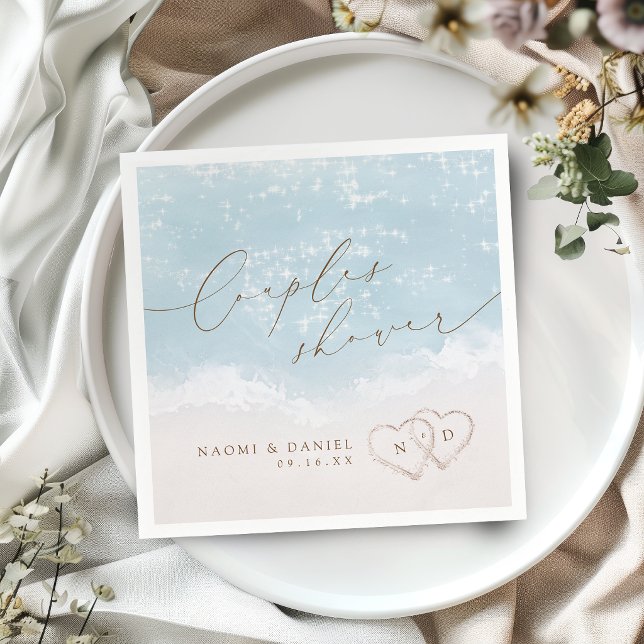 Serviette En Papier Script Moderne Cœurs de Plage Douche de Couple (Modern Script Sand Hearts Beach Couples Shower Napkins)
