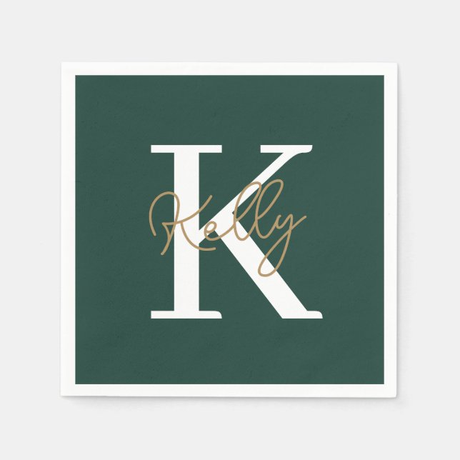 Serviette En Papier Script moderne Emerald Green Monogram (Devant)