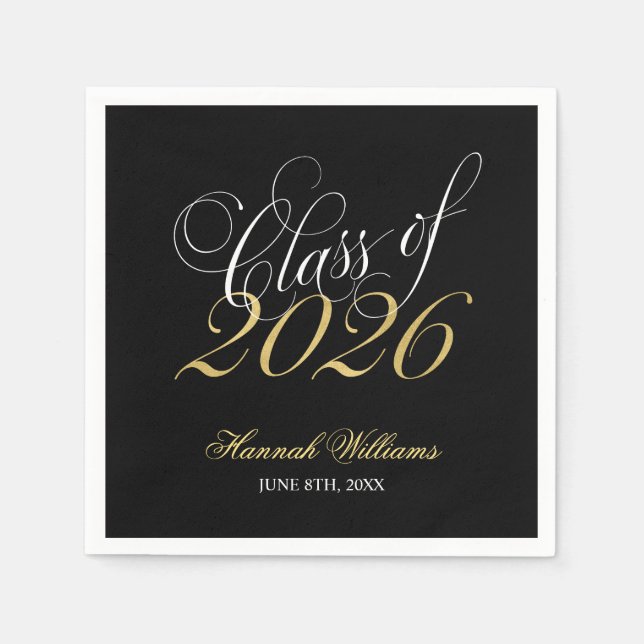 Serviette En Papier Script Or Noir Promotion 2026 Diplôme (Devant)