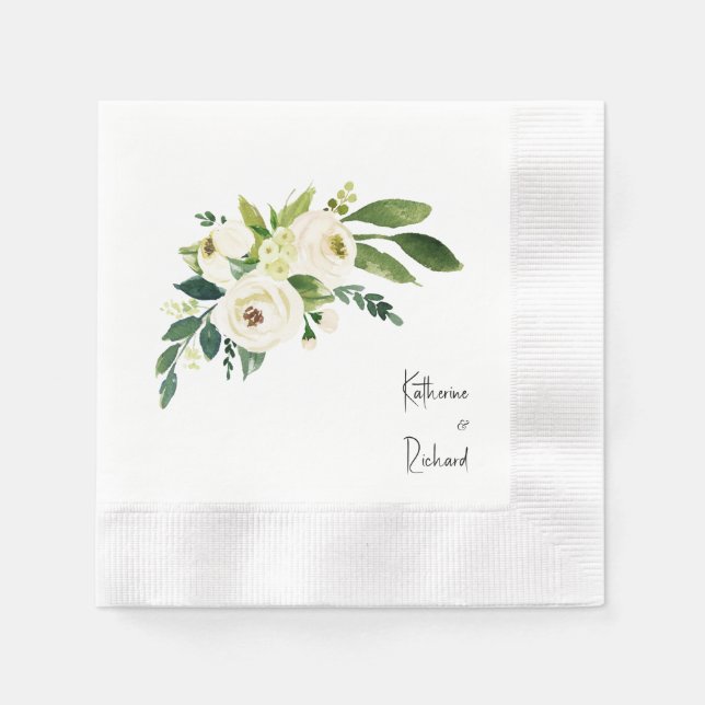 Serviette En Papier Script personnalisé Rose blanche Mariage (Devant)