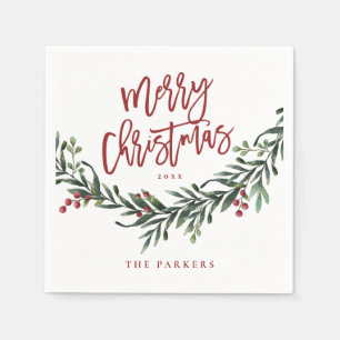 Serviette En Papier Script rouge moderne Joyeux décor de Noël