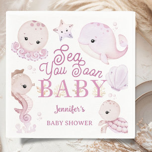 Serviette En Papier Sea You Soon Baby Shower Fille Rose Océan