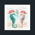 Serviette En Papier Seahorse Père Noël Coastal Christmas Kiss Beach<br><div class="desc">Les serviettes de Noël à thème côtier sont équipées d'un couple d'hippocampes aquarelles sur la plage portant des chapeaux de Père Noël et s'embrassant sous un tatouage. Visitez ma collection "Seahorse Coastal Christmas Kiss" pour coordonner les cartes de voeux, invitations, fournitures de fête, décoration et plus encore. Art par KL...</div>