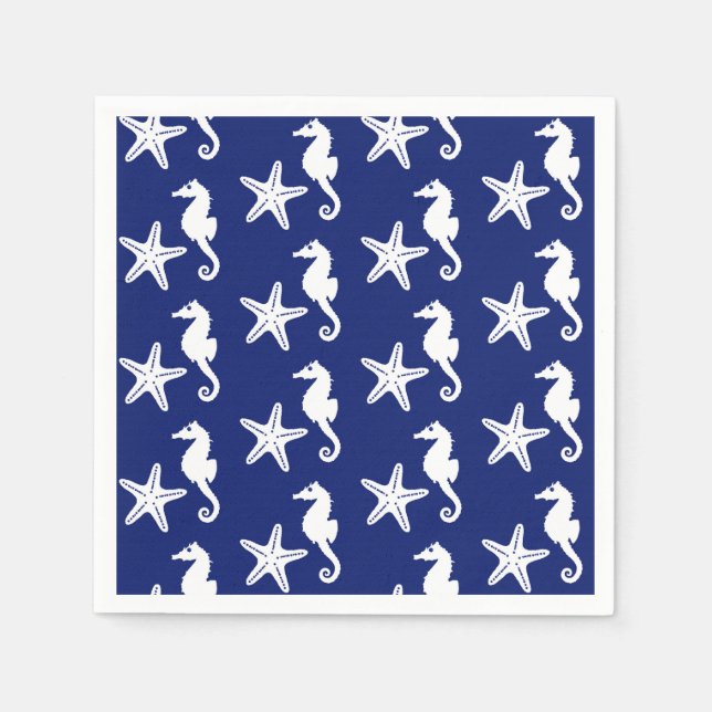 Serviette En Papier Seahorse & starfish - navy blue and white (Devant)