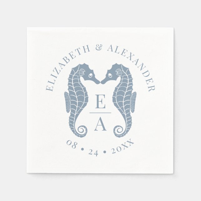 Serviette En Papier Seahorses Monogram Beach Mariage Dusty Blue (Devant)
