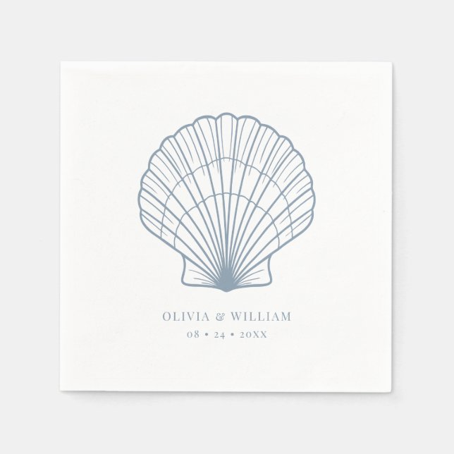 Serviette En Papier Seashell Beach Dusty Blue Coastal Mariage (Devant)