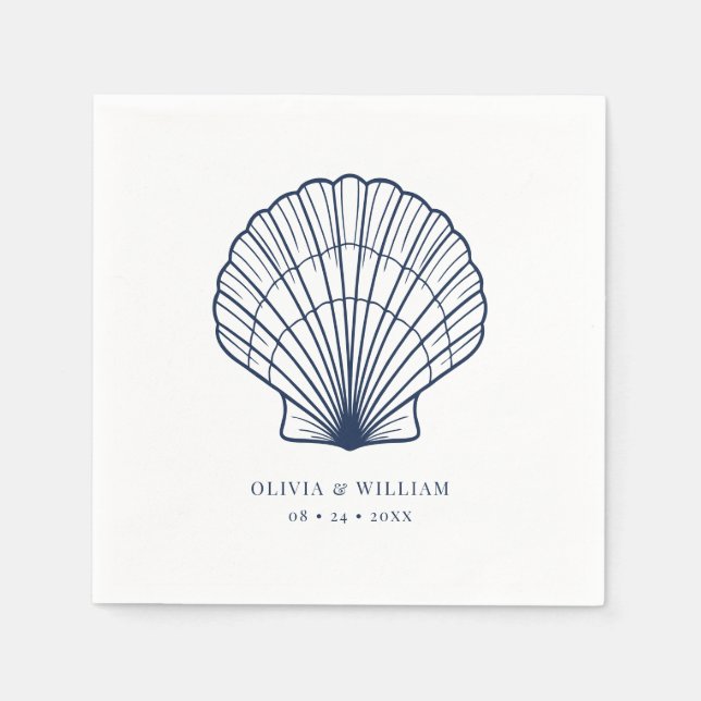 Serviette En Papier Seashell Beach Navy Blue Coastal Mariage (Devant)