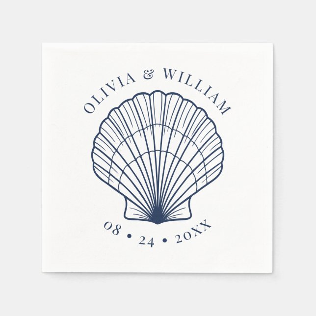 Serviette En Papier Seashell Beach Wedding Marine Côtière Bleu (Devant)