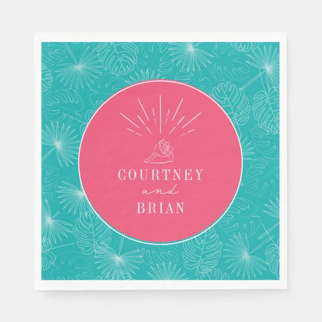 Serviette En Papier Seashell Pink & Blue Palm Plage tropicale Mariage (Devant)