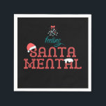 Serviette En Papier Sentiment SantaMental Romantic Christmas Mistletoe<br><div class="desc">Joli,  drôle,  romantique design typographique de Noël rétro avec mistletoe et chapeau de Père Noël. Texte "Feeling Père Noël Mental" sur le devant. Texte "Winter Vibes" au verso.</div>