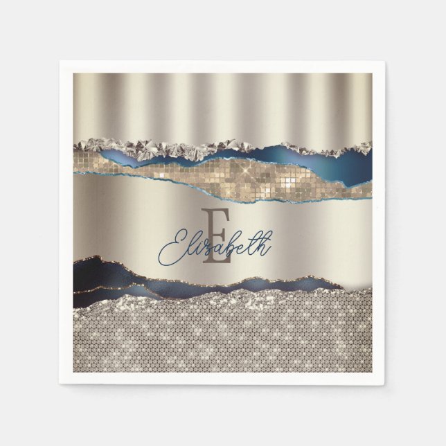 Serviette En Papier Sequins d'agate bleu indigo élégants  (Devant)
