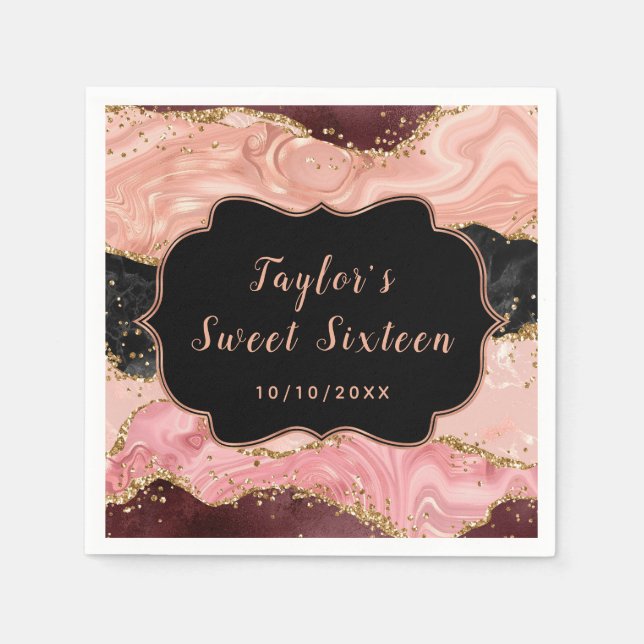 Serviette En Papier Séquins noirs et roses Agate Sweet sixteen (Devant)