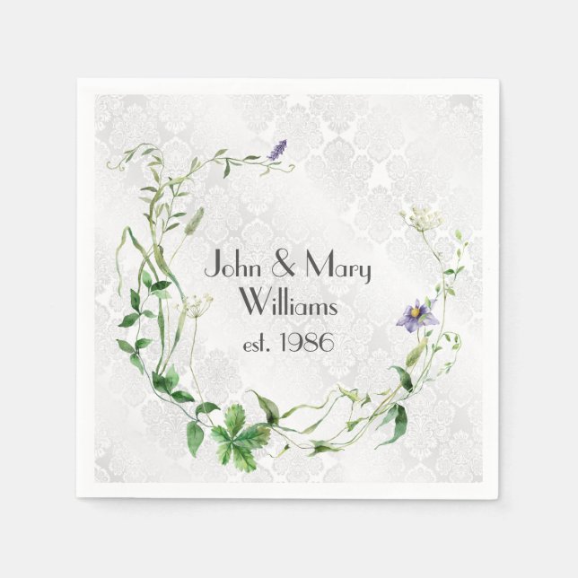 Serviette En Papier Serment Fleur sauvage Anniversaire Sur Damas (Devant)