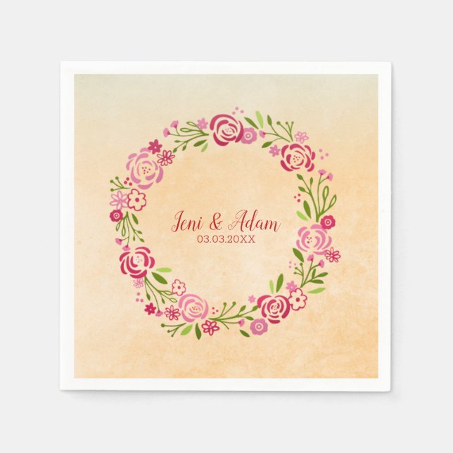 Serviette En Papier Serre Rose Et Rouge Avec Feuilles (Devant)