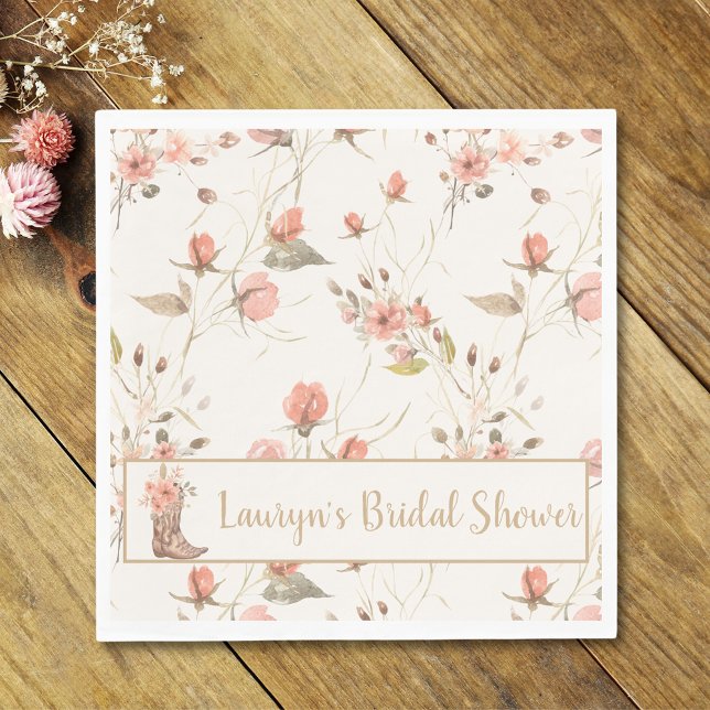 Serviette En Papier Serviette de fête prénuptiale de cowgirl aux fleur (Watercolor Flowers Cowgirl Bridal Shower Napkin)