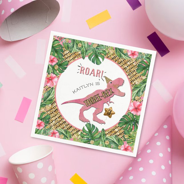 Serviette En Papier Serviettes 3e anniversaire de dinosaures à trois r (Créateur téléchargé)