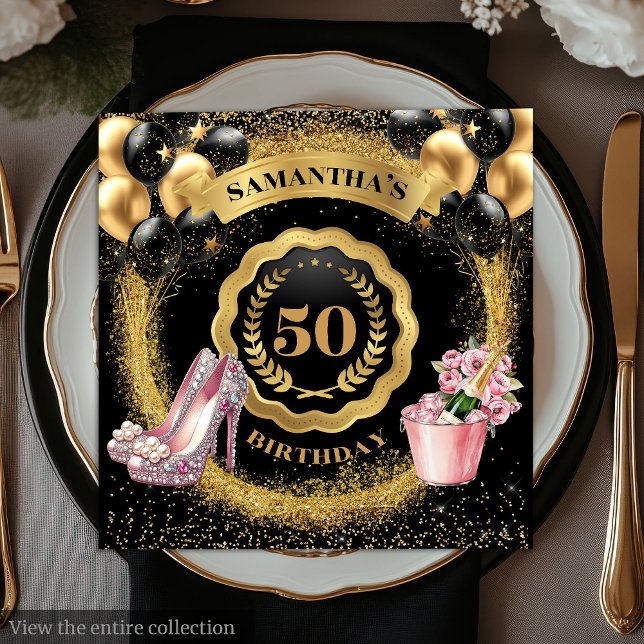 Serviette En Papier Serviettes à ballons noirs rayonnants avec talons  (Radiant Black Balloons Napkins with Pink Heels

)