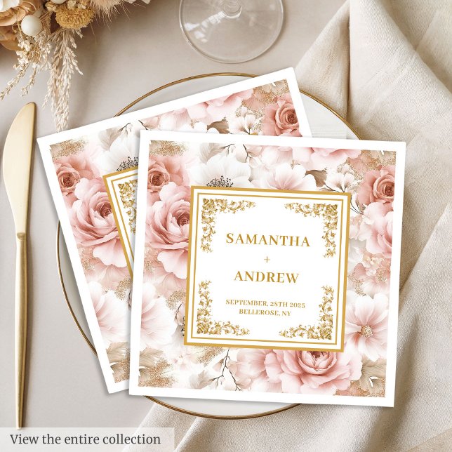 Serviette En Papier Serviettes à mariage fleurie en or rose roux moder (Modern boho dusty pink gold floral wedding napkins)