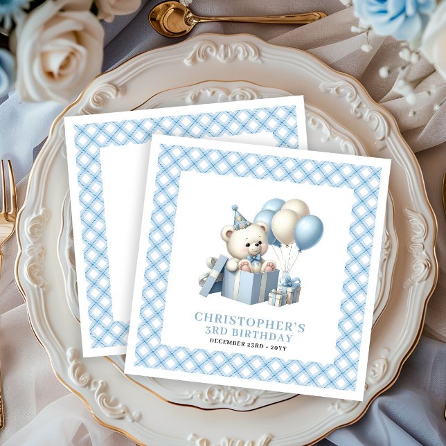 Serviette En Papier Serviettes Anniversaire Garçon Unique Ballons Ours (Unique Boy Birthday Napkins Teddy Bear Balloons Set)